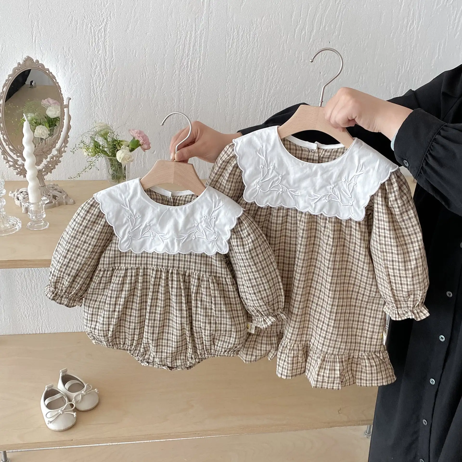【66-130cm】姉妹服カーキチェックロンパース/ワンピース