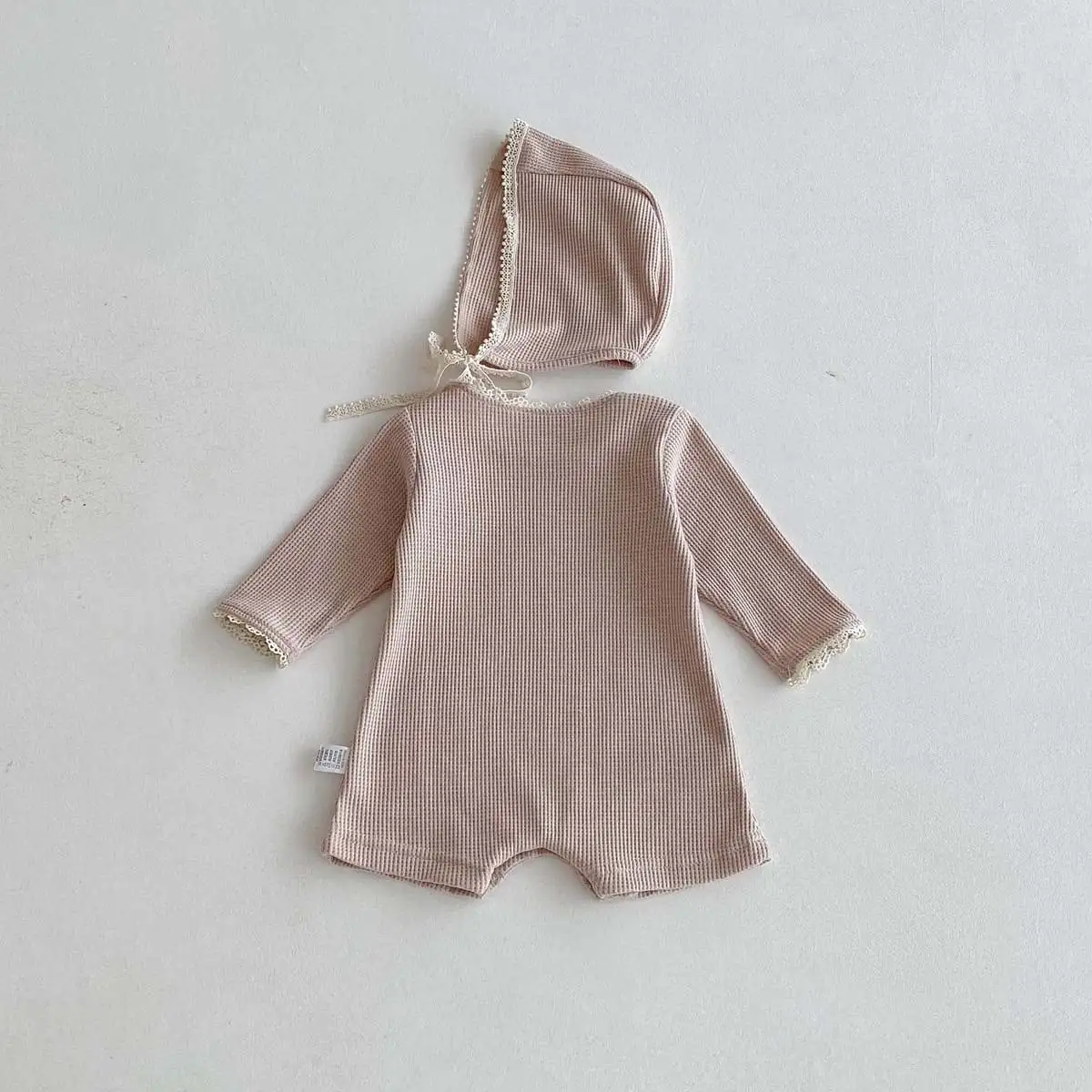 【66-90cm】2025新作 ワッフル無地ロンパース＆帽子