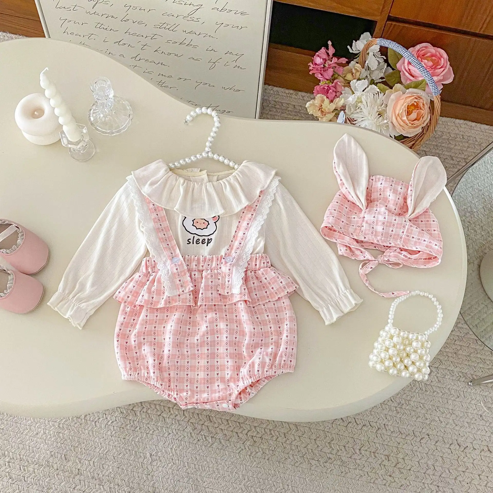 【66-100cm】可愛いピンクサロペット&Tシャツ&帽子