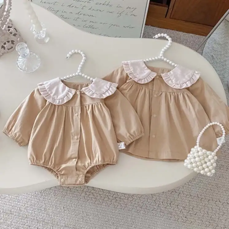 【66-100cm】姉妹服ウサギ襟ブラウンロンパース、ワンピース