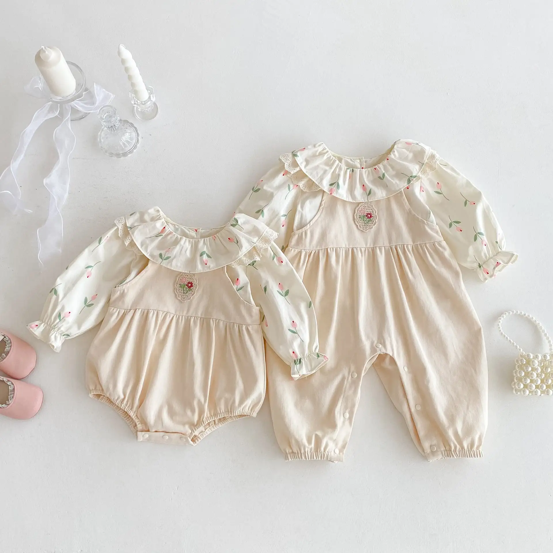【66-100cm】姉妹服フラワー刺繡ロンパース、サロペット