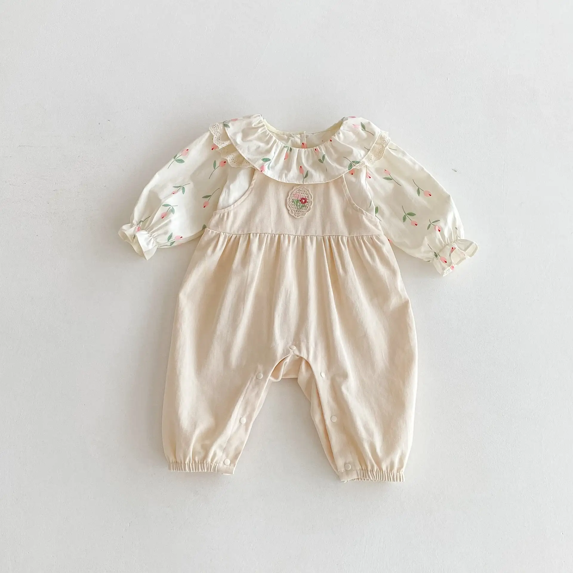 【66-100cm】姉妹服フラワー刺繡ロンパース、サロペット