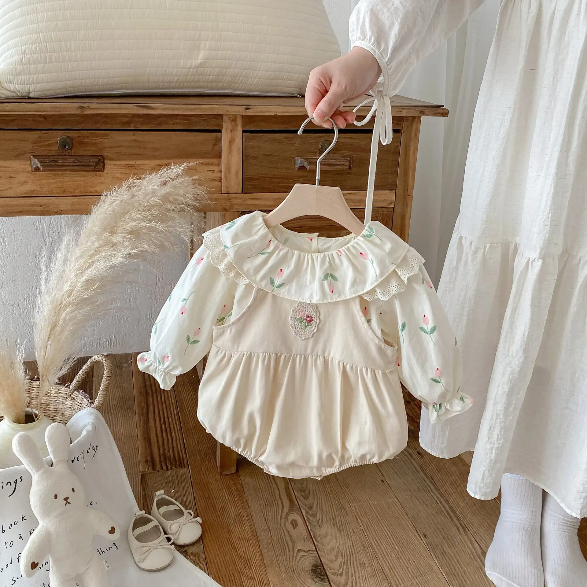 【66-100cm】姉妹服フラワー刺繡ロンパース、サロペット