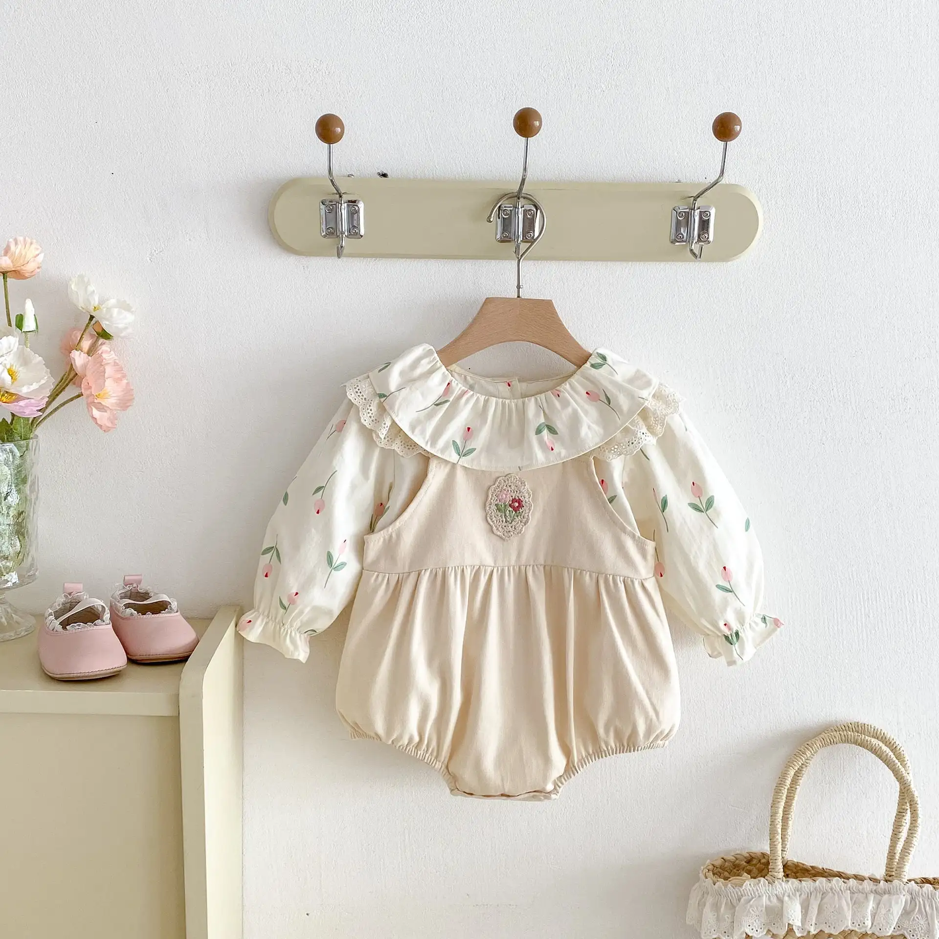 【66-100cm】姉妹服フラワー刺繡ロンパース、サロペット