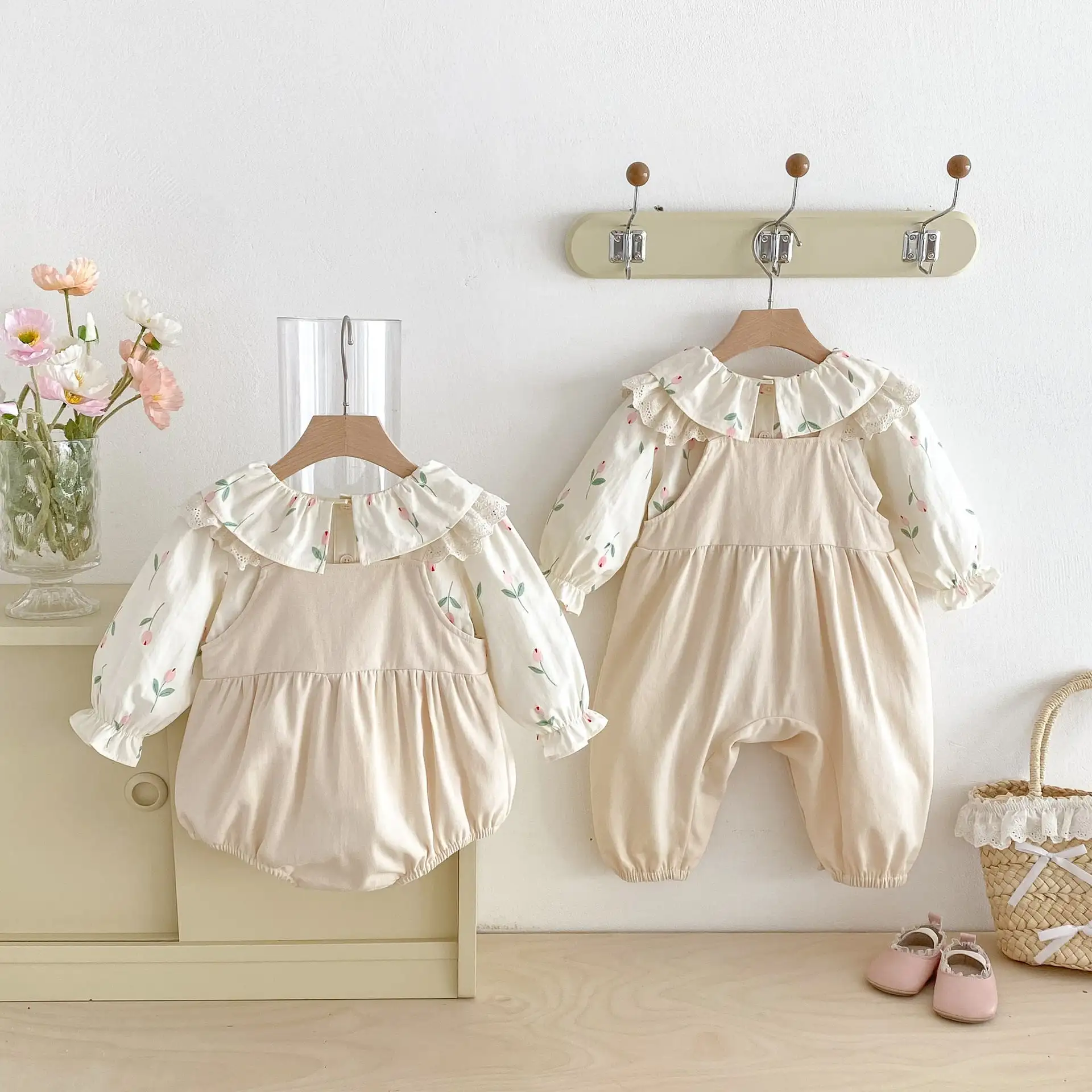 【66-100cm】姉妹服フラワー刺繡ロンパース、サロペット