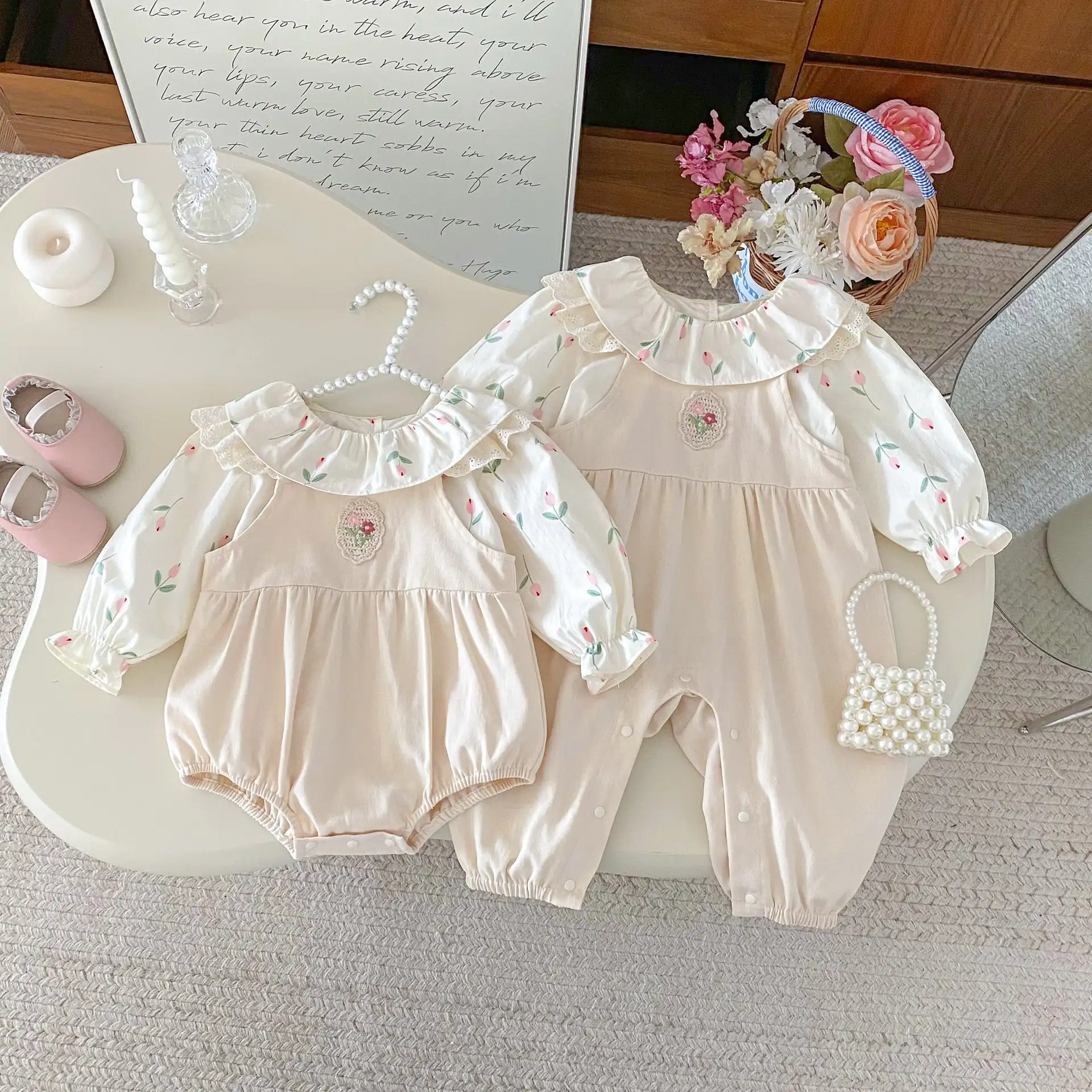 【66-100cm】姉妹服フラワー刺繡ロンパース、サロペット