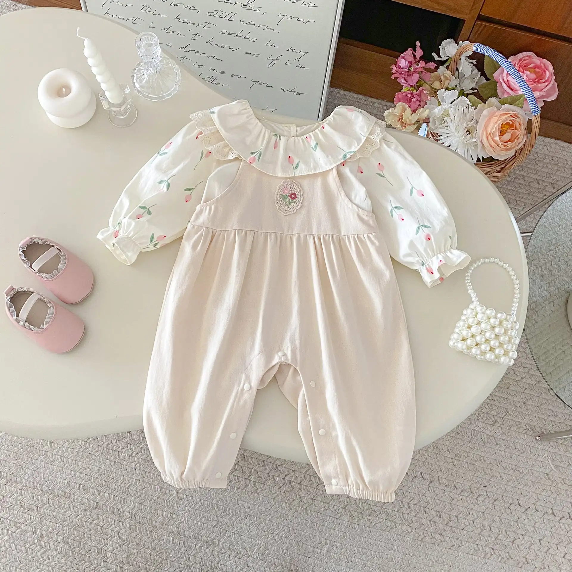 【66-100cm】姉妹服フラワー刺繡ロンパース、サロペット