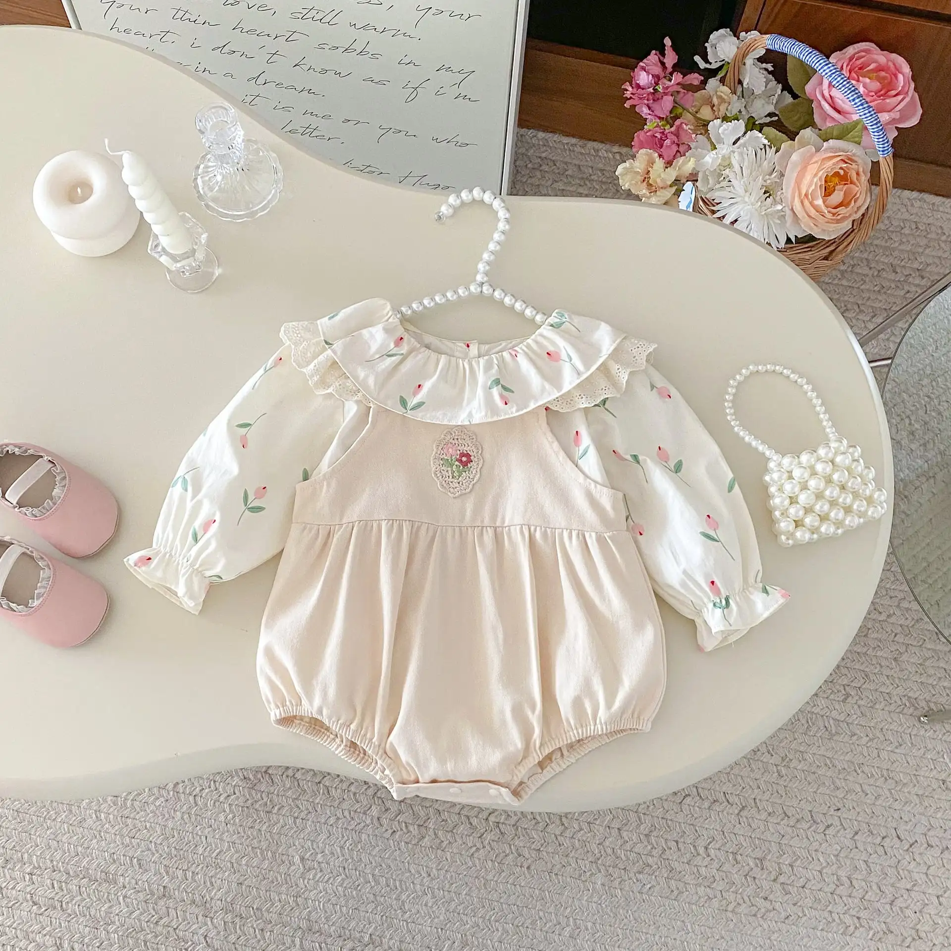 【66-100cm】姉妹服フラワー刺繡ロンパース、サロペット