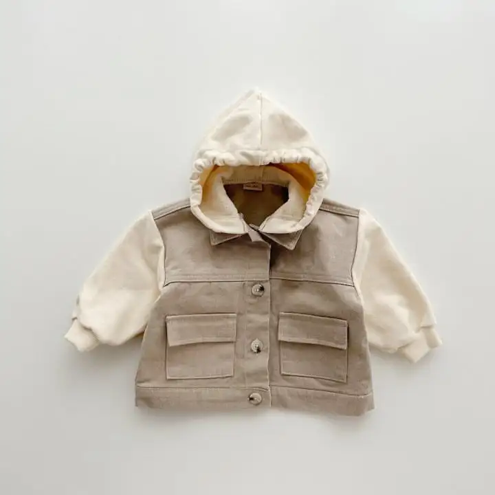 【80-130cm】帽子付きレイヤードアウター