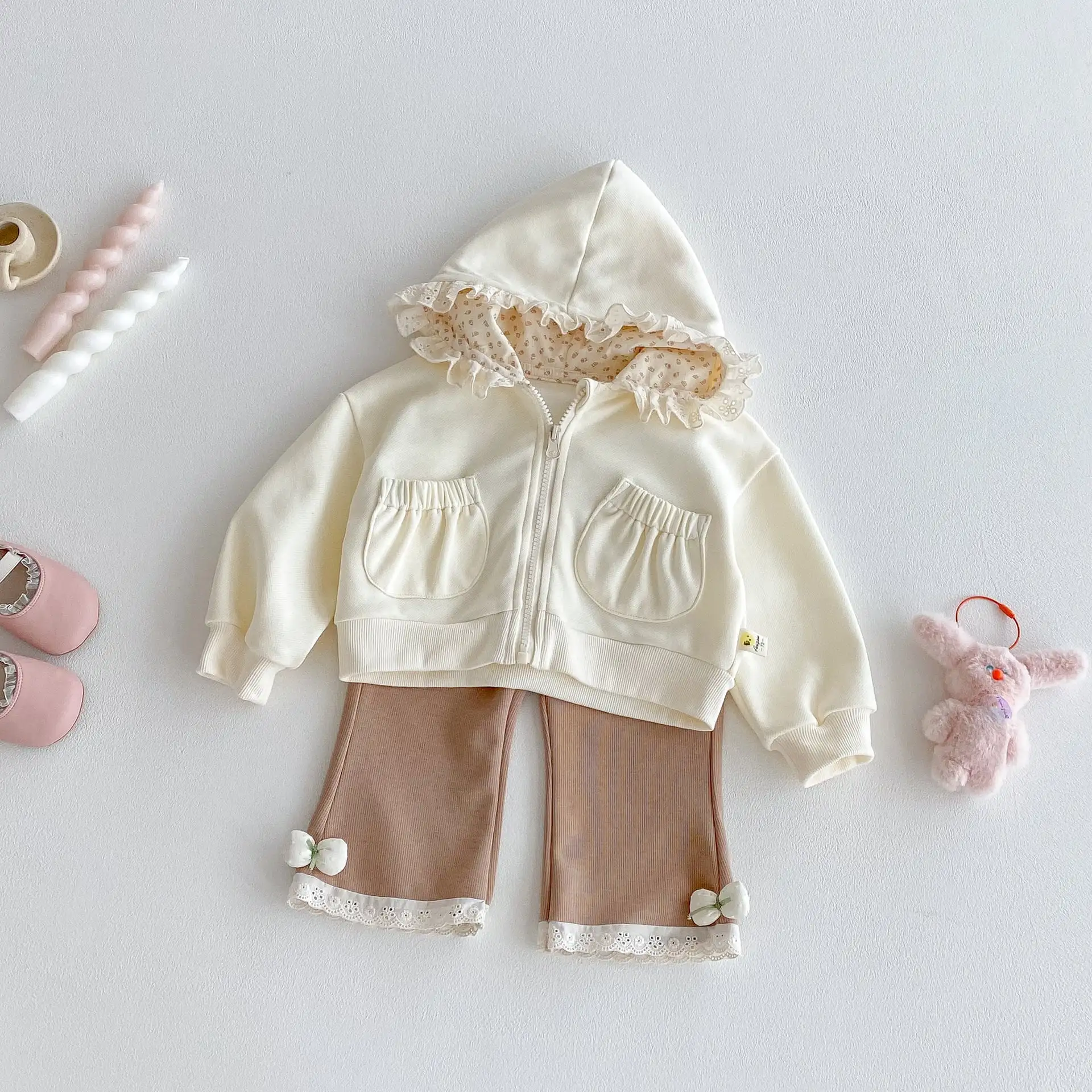 【66-100cm】フラワー帽子付きカーディガン