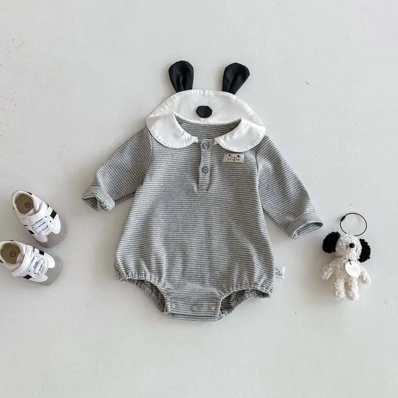 【66-90cm】グレーボーダー可愛いロンパース