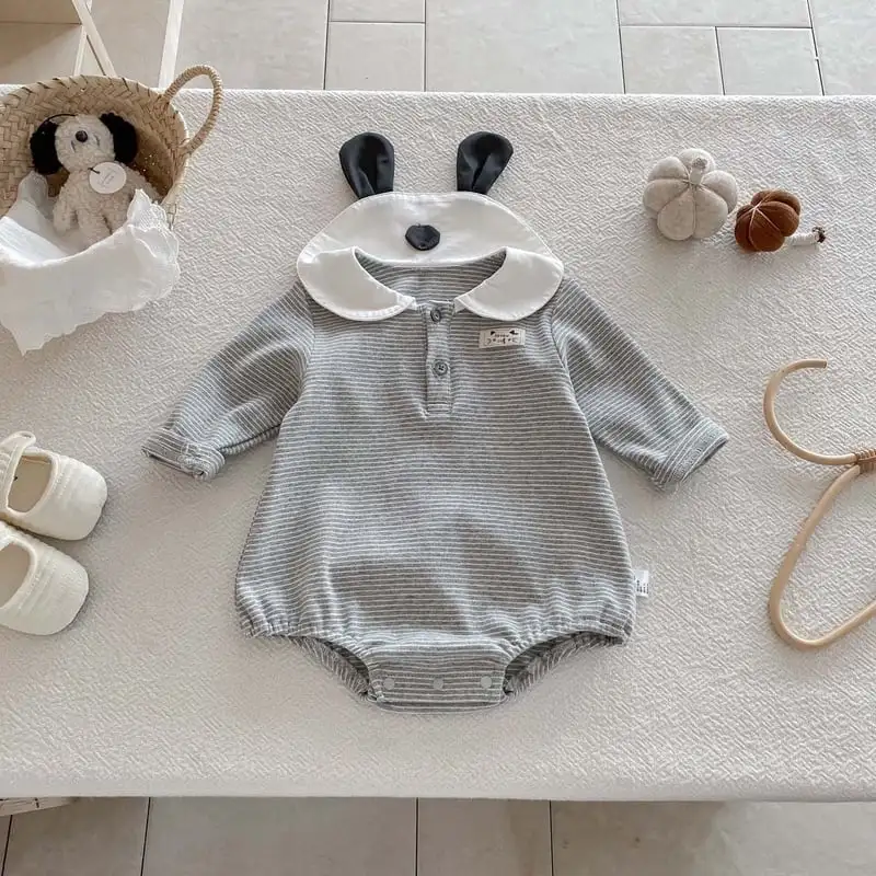 【66-90cm】グレーボーダー可愛いロンパース