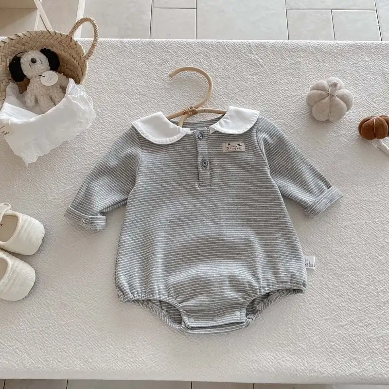 【66-90cm】グレーボーダー可愛いロンパース