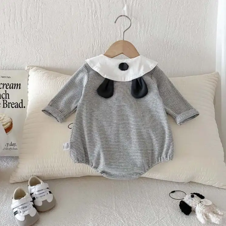 【66-90cm】グレーボーダー可愛いロンパース