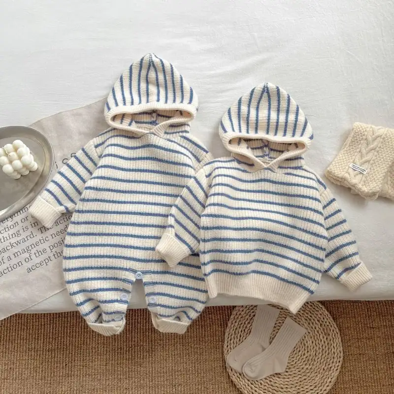 【66-100cm】カジュアルボーダートップス、ロンパース