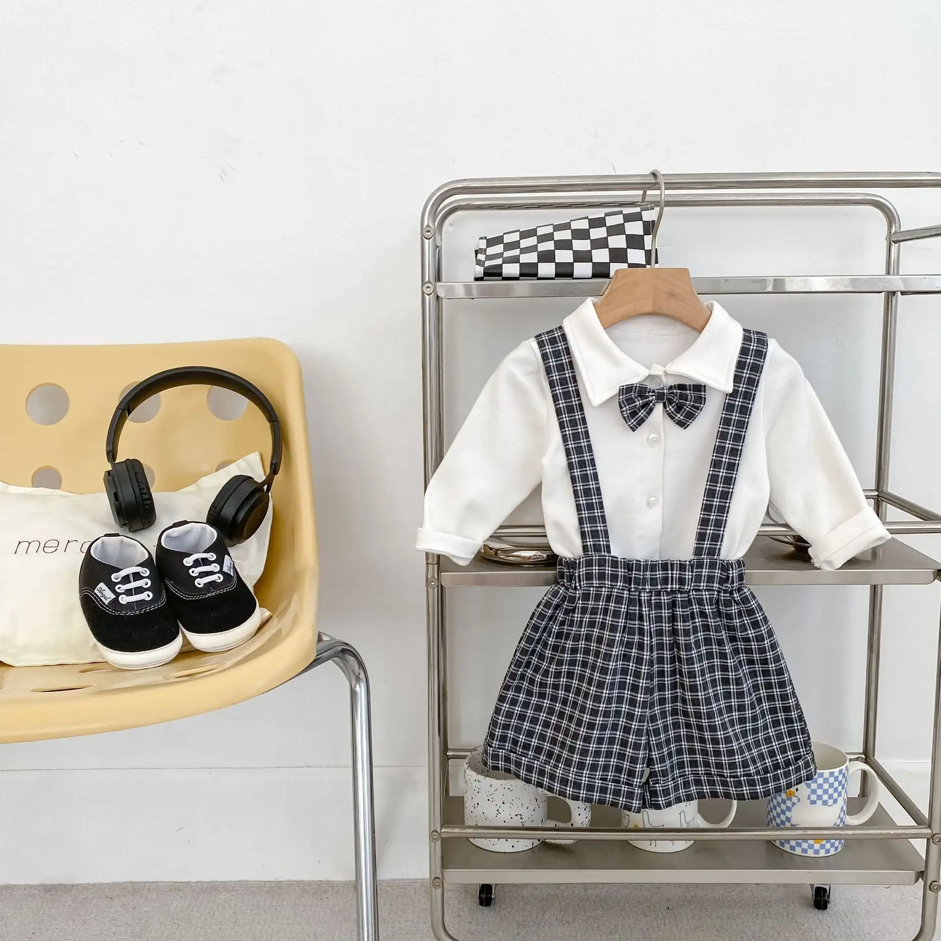 【66-100cm】ネイビーチェックサロペット&Tシャツ