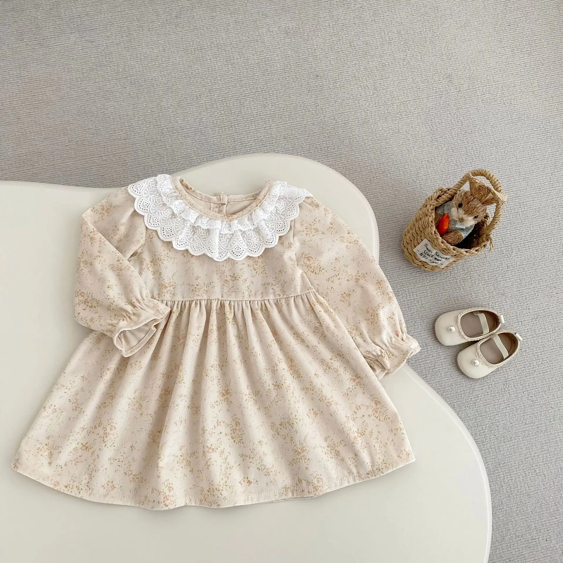 【73-110cm】コーデュロイフラワーワンピース