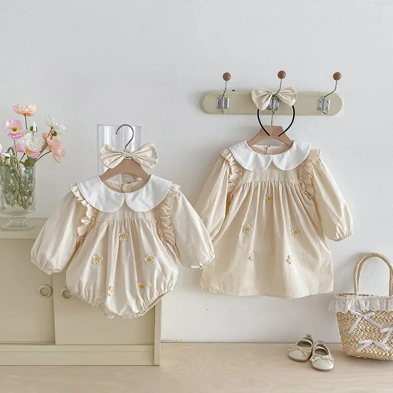 【66-130cm】姉妹服フラワー付きロンパース、ワンピース